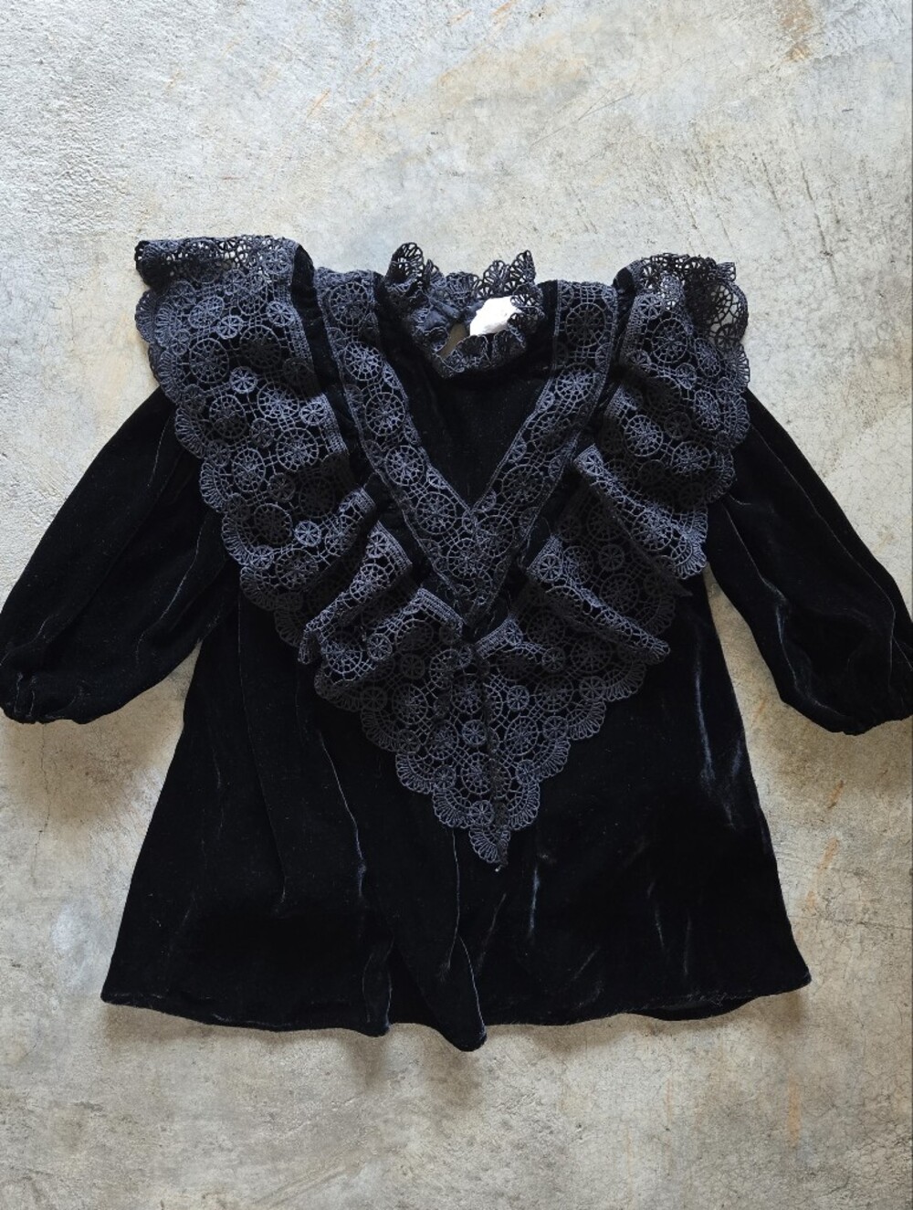 Girls Black Velvet Mini Dress Or Tunic Top with Intricate Lace Ruffle Collar 4